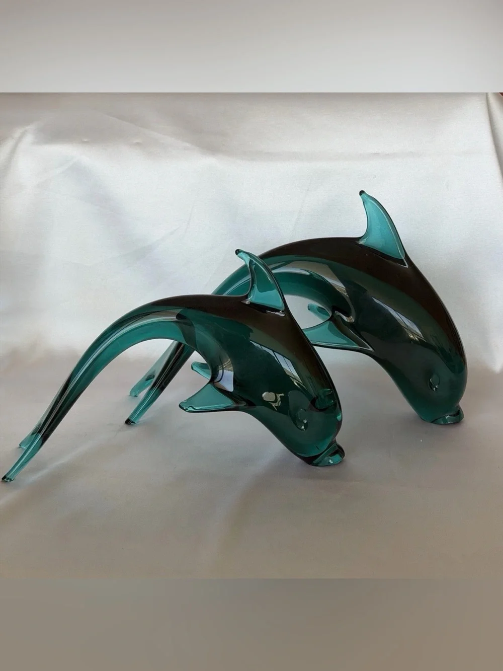 Vintage Green Art Glass Dolphin Figurines 10.5” & 8.5” Handmade Style – Set of 2